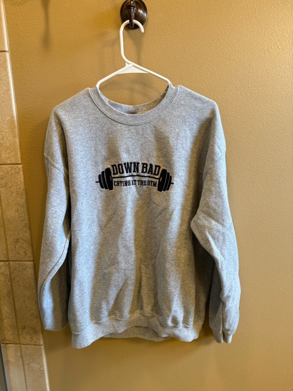 Gildan Grey 'Down Bad' Crewneck Sweatshirt with Black Gym Graphic